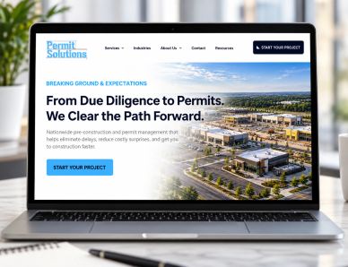 Permit Solutions website design by Golden Girl Communications, showcasing nationwide pre-constructio