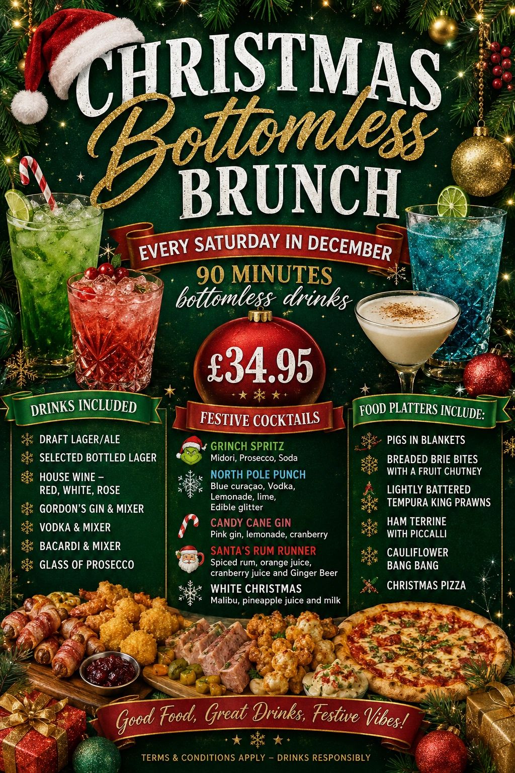 Christmas bottomless brunch with festive cocktails and food platters every Saturday in December.