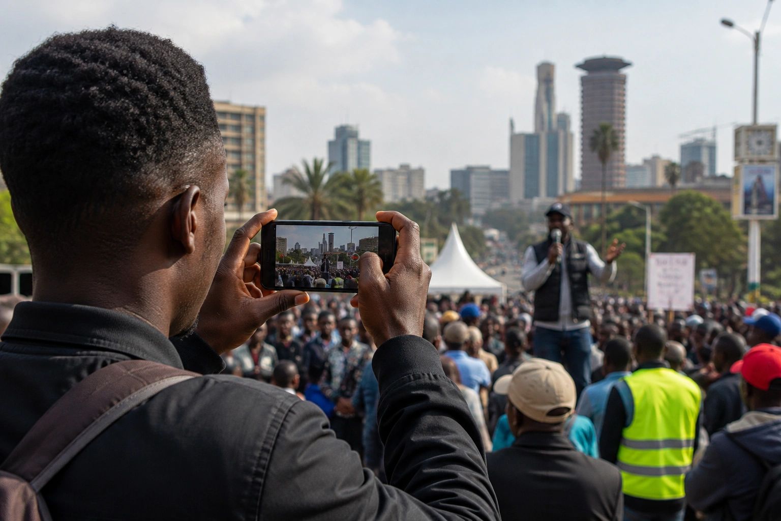Man capturing a crowd scene with a smartphone.