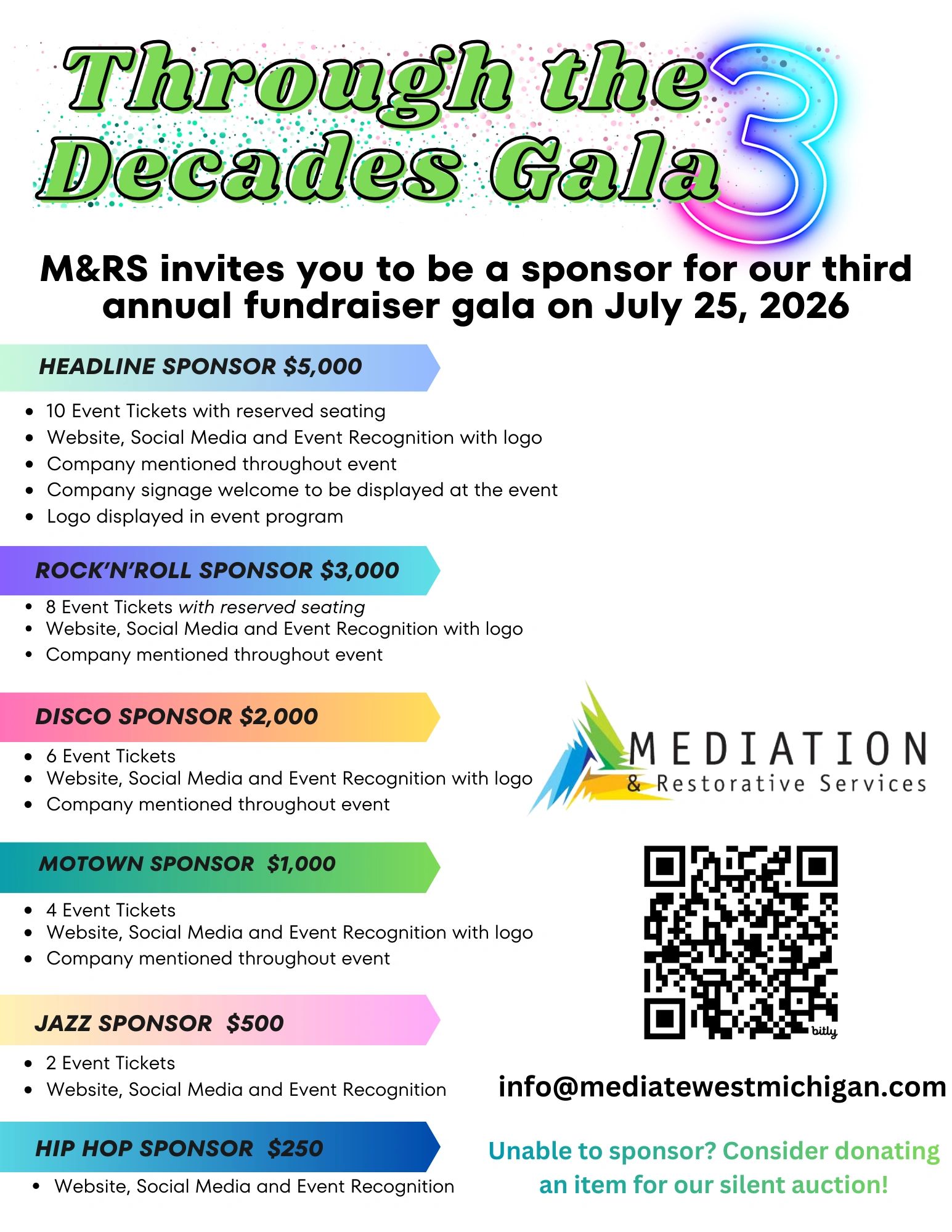 Sponsorship levels for the Through the Decades Gala fundraiser on July 25, 2026.
