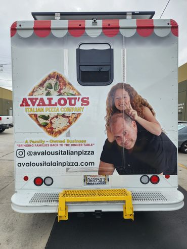 Avalou's Italian Pizza truck with family business branding and contact info.