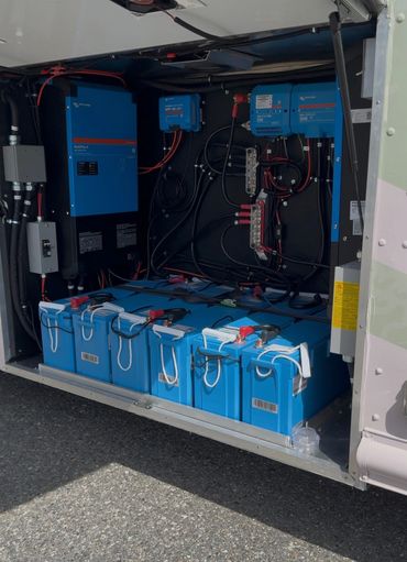 Battery and inverter system setup inside a vehicle compartment.