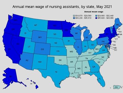 Map of annual wage earnings for nursing assistants from the Bureau of Labor Statistics
