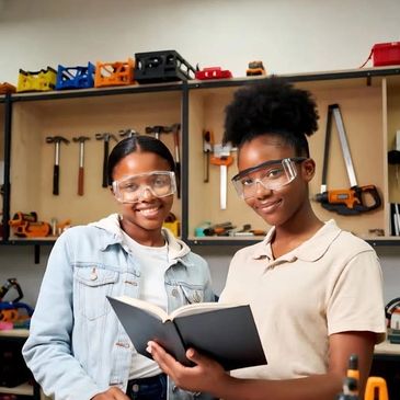 The image depicts two girls in a school lab.