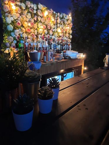 Flower wall mobile bar, 30th birthday party in Devon