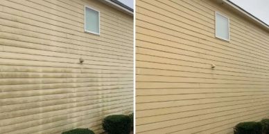 Before and after cleaning of a house exterior showing removal of dirt and grime.