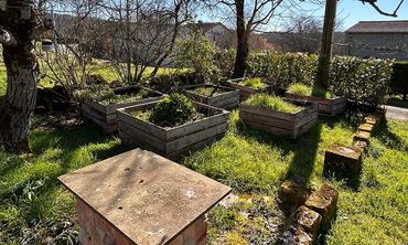 The vegetable plot with raised beds and a stone table top for barbecue prep-work
