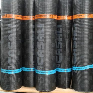 Rolls of Casali polyester mesh fabric wrapped with orange and blue bands.