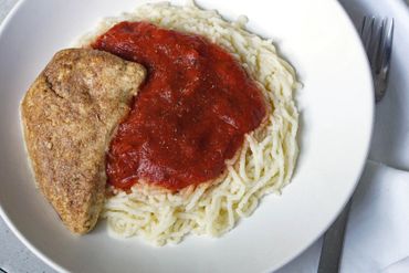 Shaped purée pasta spaghetti with shaped purée chicken IDDSI