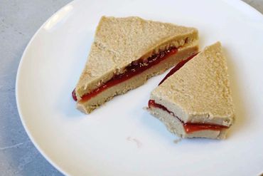 Shaped puree bread IDDSI sandwich. Peanut Butter & Jelly puree bread sandwich.