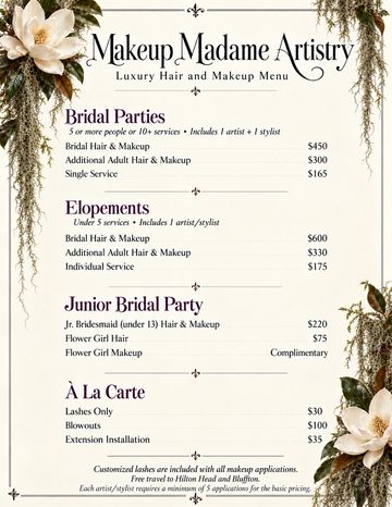 Luxury hair and makeup menu for bridal parties, elopements, junior bridal party, and à la carte services.