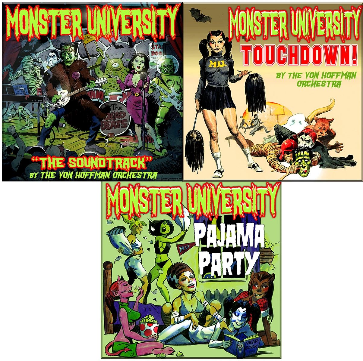 Three colorful Monster University album covers featuring monsters and music themes.