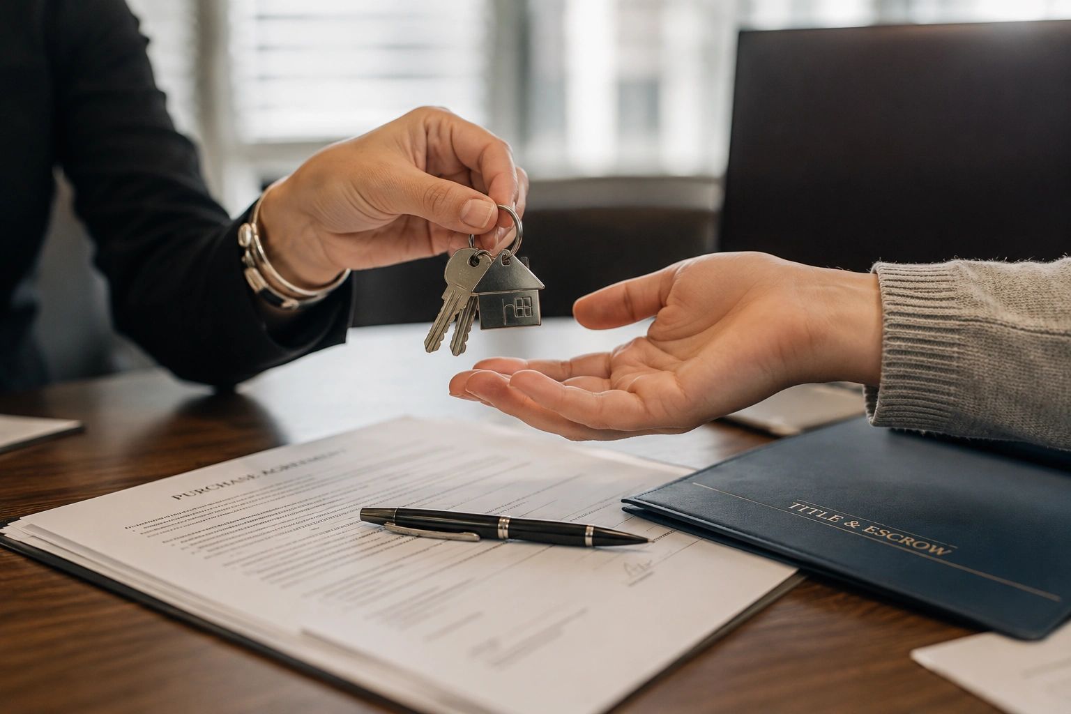 Handing over house keys during a real estate transaction.