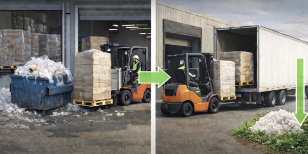 Forklift moves pallet from trash to truck, showing waste reduction.