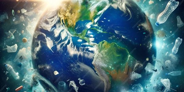 Earth surrounded by floating plastic waste in space.