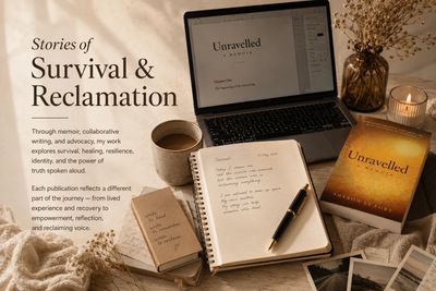 A cozy workspace with a laptop, books, and notes about survival and reclamation stories.
