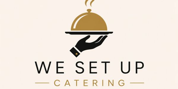 Logo for a catering service with a hand holding a cloche.