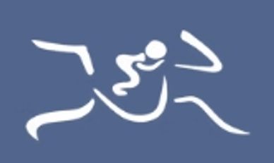 A stylized white swimmer icon on a blue background.