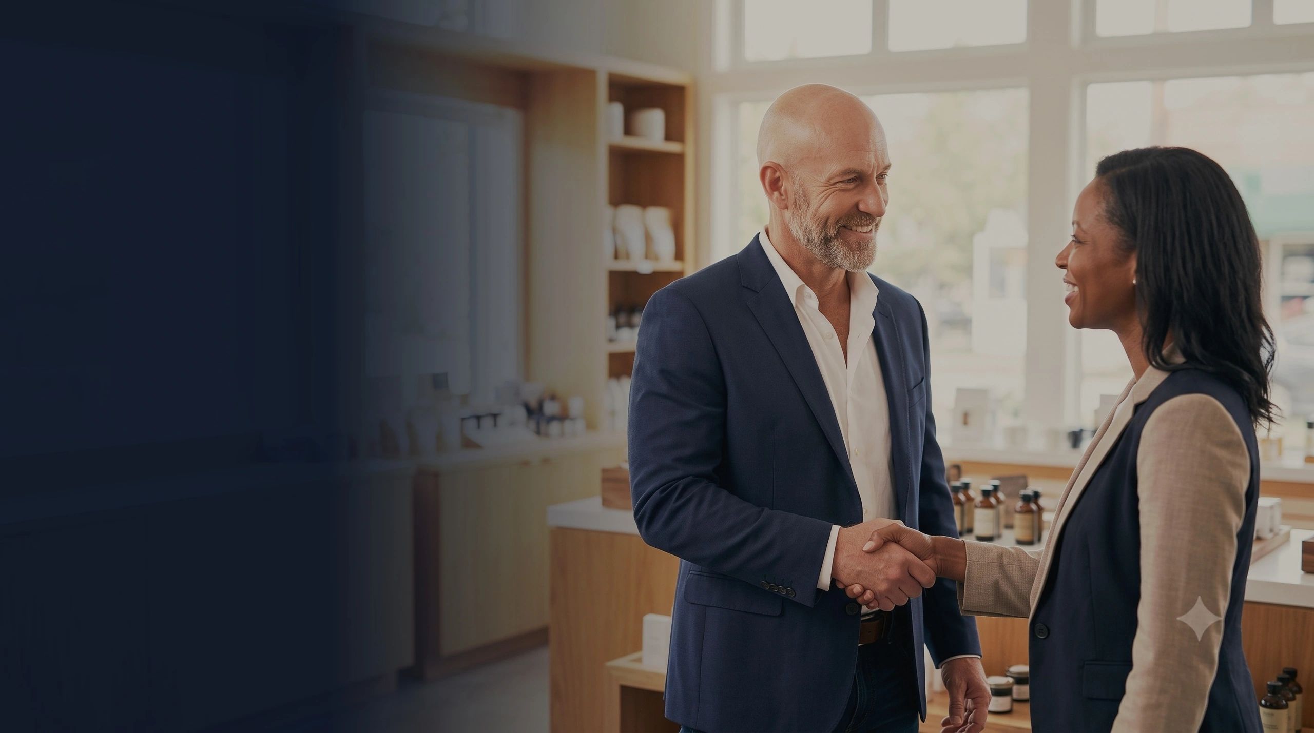 Two professionals shaking hands and smiling.