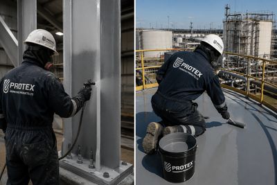 Workers in protective gear applying industrial coatings at a facility.