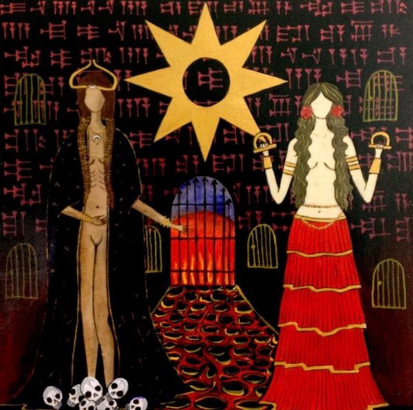 Two mystical figures stand amid ancient symbols and skulls under a radiant sun.