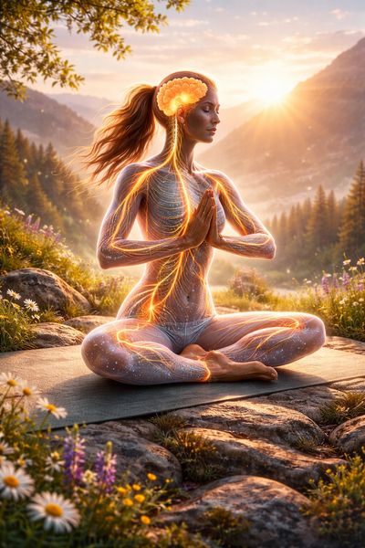 Woman meditating outdoors with glowing neural pathways and brain visualization.