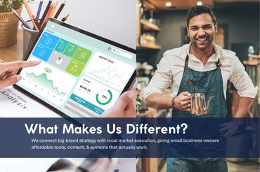 Split image of marketing charts and local owner; MSDS blends big-brand strategy with local marketing