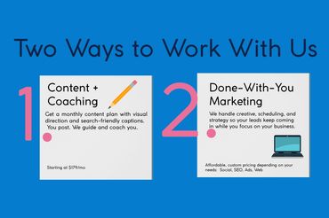 Side-by-side pink and blue cards comparing Content + Coaching and Done-With-You Marketing plans.