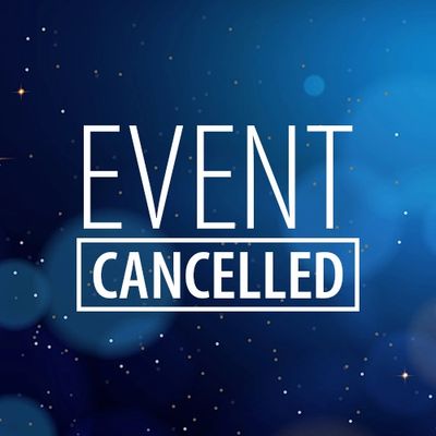 Event cancelled announcement on a blue background.