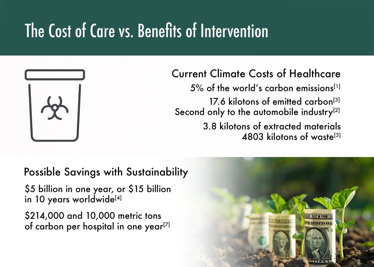 Healthcare’s environmental impact and financial savings from sustainability interventions.