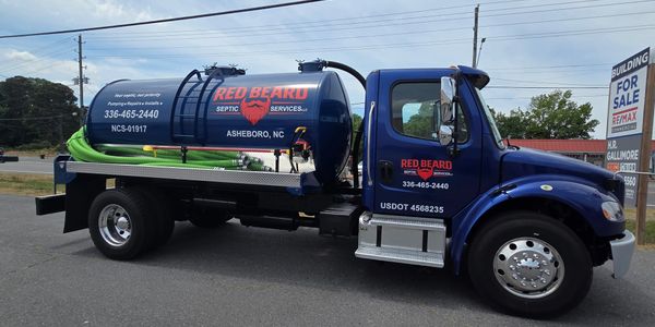 Blue septic services truck from Red Beard in Asheboro, NC.