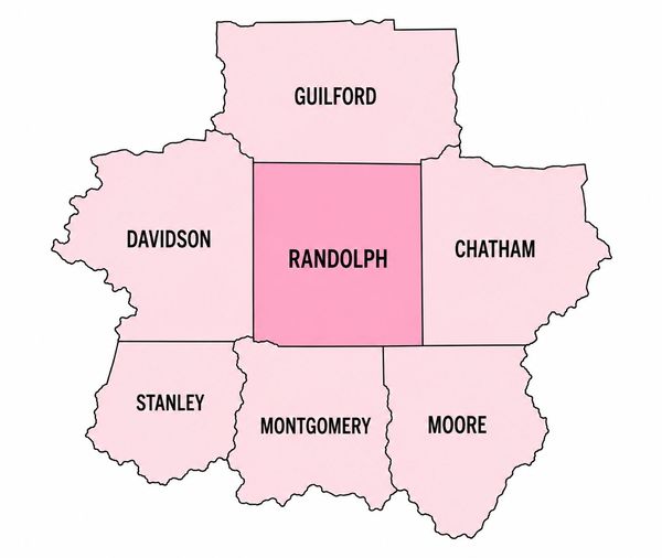Map highlighting Randolph County surrounded by seven neighboring counties.
