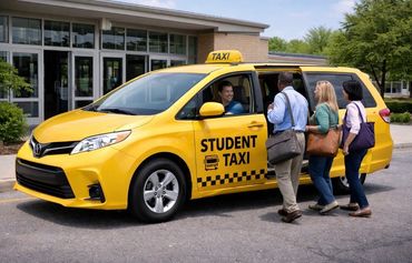 Three people boarding a yellow student taxi with a smiling driver.