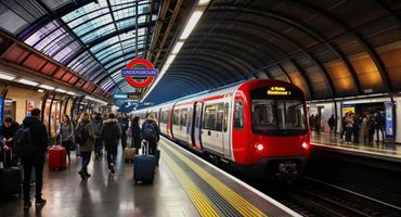 London Underground train at a busy platform with passengers and luggage.
