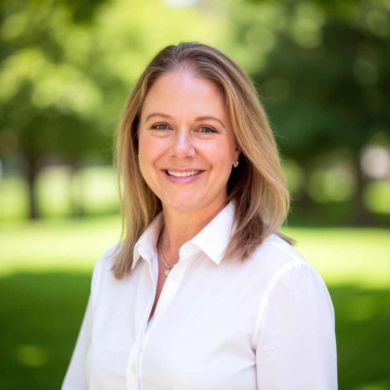 Smiling woman in white shirt outdoors with green blurred background.