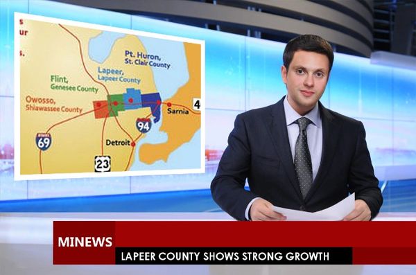 News anchor reports on Lapeer County's strong growth with map visuals.