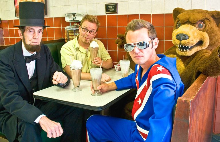 James Duncan with Abe Lincoln, Evel Knievel and a Bear... at Ellison Place Soda Shop in Nashville.