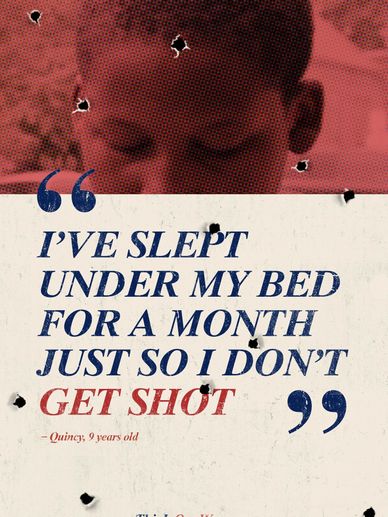 A child's quote about fear of gun violence, with bullet holes overlay.