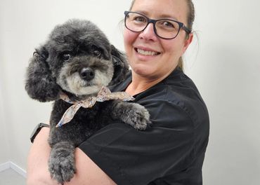 Woman smiling, holding a small black poodle with a patterned scarf.
