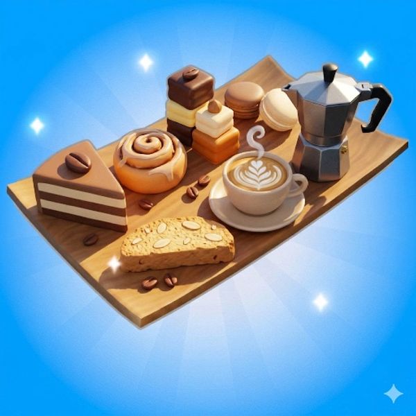 A wooden tray with assorted pastries, coffee, and a moka pot on a blue background.