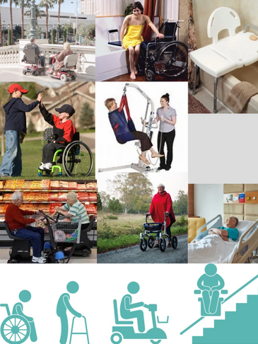 All aids equipment like wheelchair, walker, commode, bath bench or chair, Hoyer lift, hospital bed, A