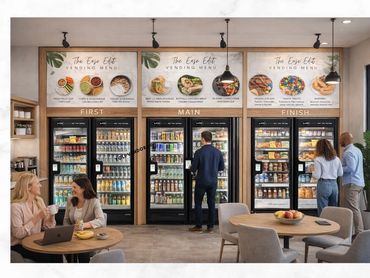 A vending display w/ a menu-driven layout that guides selections across First, Main, and Finish.