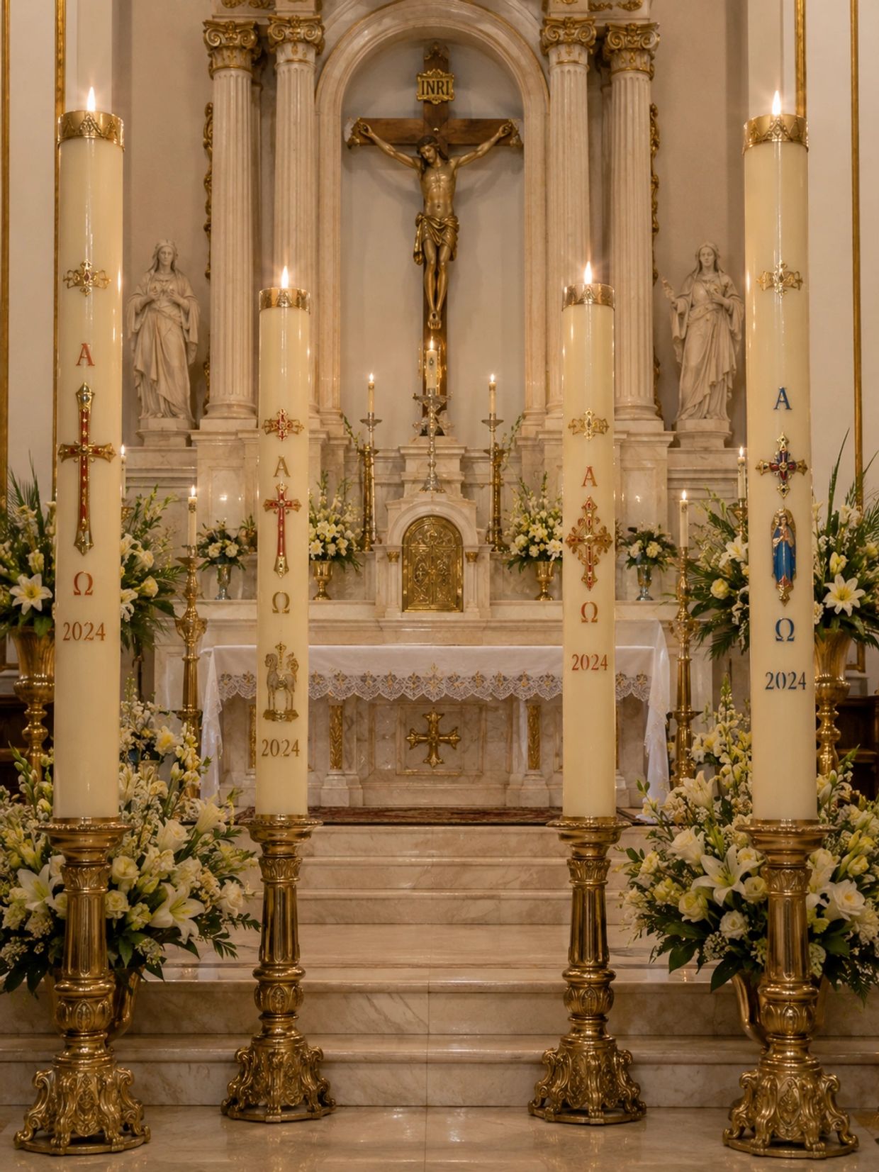Four large decorated candles in a church altar with crucifix and statues.