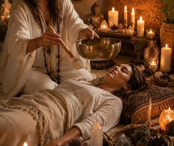 A woman receiving sound healing therapy with candles around.