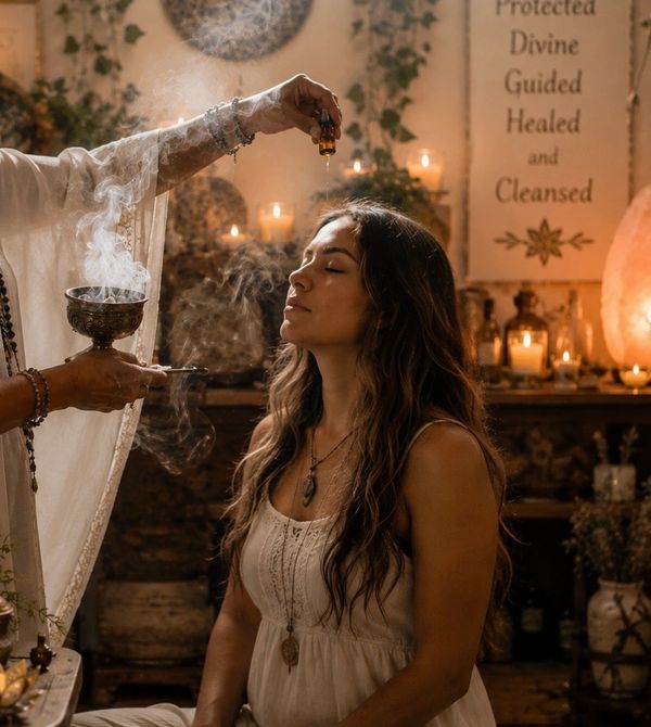 A woman receiving a spiritual cleansing with smoke and drops in a serene room.