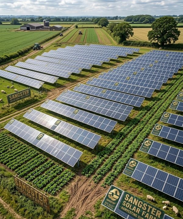 Solar panels integrated into a farm landscape with crops and livestock.