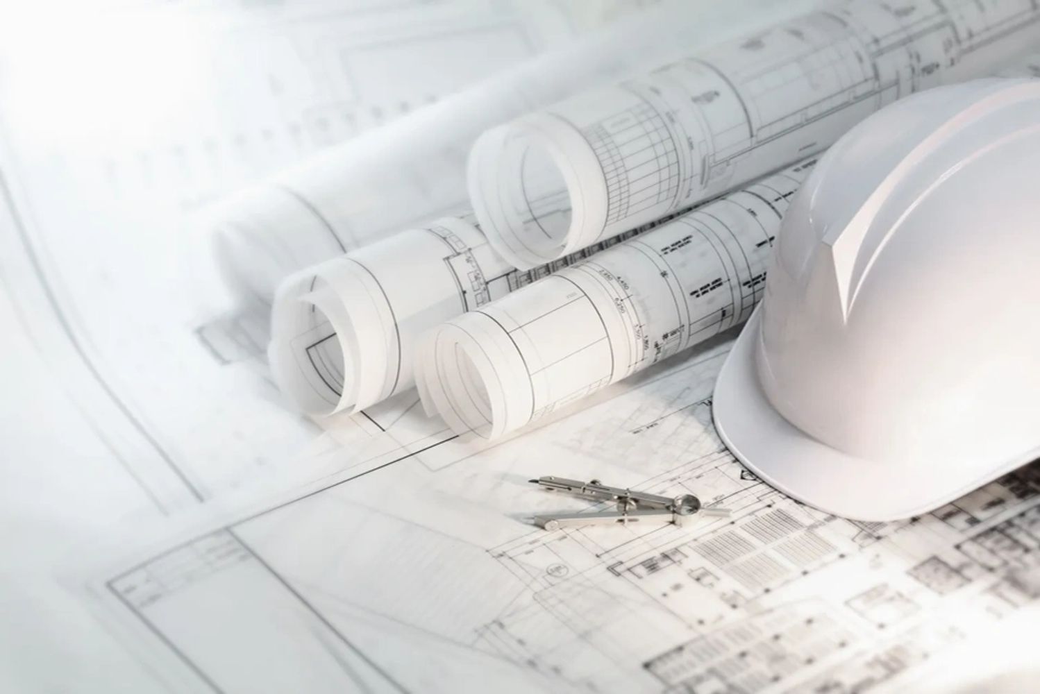 Macias Builders Corporation Construction Logo - Blueprints, Hardhat, and Compass.