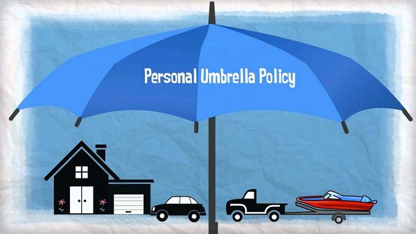 Illustration of a personal umbrella policy protecting home, car, truck, and boat.
