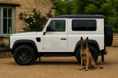 A dog sitting beside a white vehicle with "The Canine Concierge" logo.