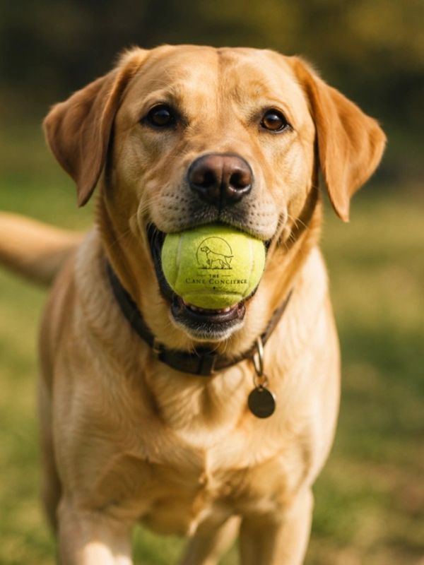 Golden retriever with a tennis ball.
